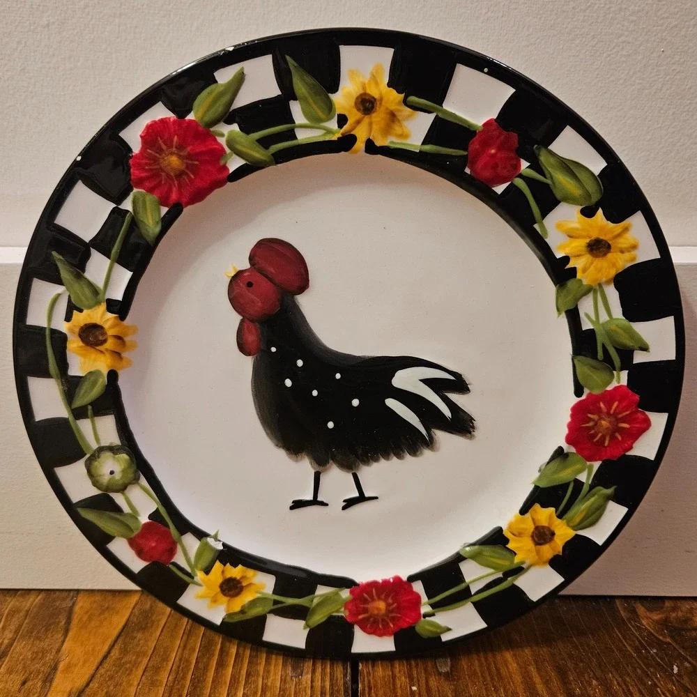 Home Accents Rooster Dinner Plate‎ Black White Check Farmhouse Country